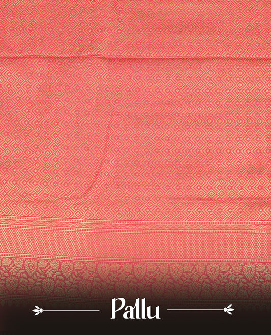 Olive colour semi Wedding silk saree featuring Gold zari motifs on body, enhanced with Contrast red colour with traditional border, paired with matching blouse piece.
