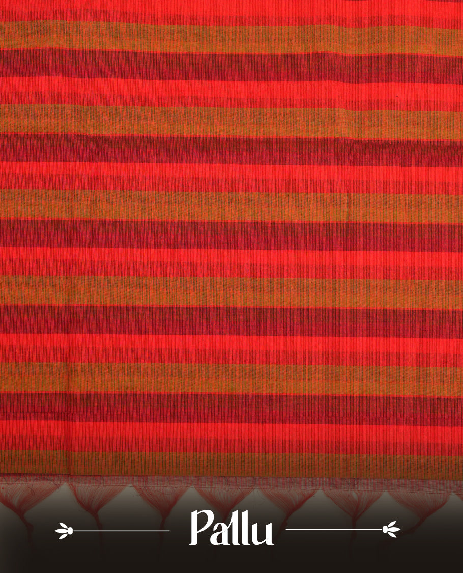 Purple, Dark Gold & Red Colour Mangalagiri Cotton Featuring Contrast stripes On Body ,Complemented By Gold Zari border & Contrast Pallu ,Paired With Matching Blouse Piece.