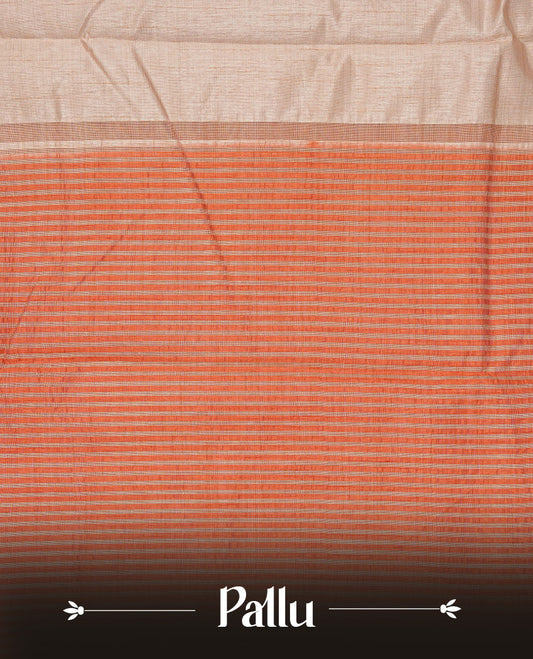 Cream colour Semi Tussar silk saree featuring an elegant plain body, accentuated by a contrast Orange border adorned with intricate gold zari work, paired with a matching blouse piece.