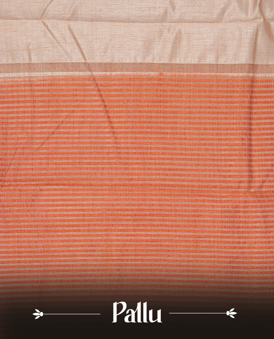 Cream colour Semi Tussar silk saree featuring an elegant plain body, accentuated by a contrast Orange border adorned with intricate gold zari work, paired with a matching blouse piece.