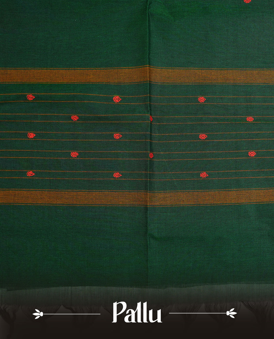 Bottle  Green  colour chettinad cotton saree featuring A Plain  body, complemented by Contrast  Red Colour With Gold Zari border, paired with matching blouse piece.