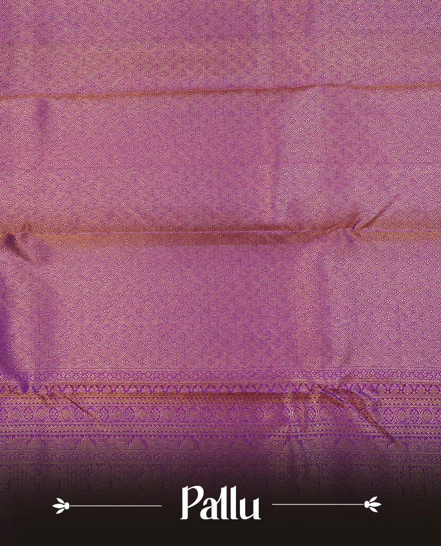 Violet Colour Pure Kancheepuram Silk Saree Featuring Gold Zari Elephant and Peacock In a Circle  Pattern on the Body, Highlighting a Traditional Gold Zari Border, Paired with a Matching Blouse Piece.