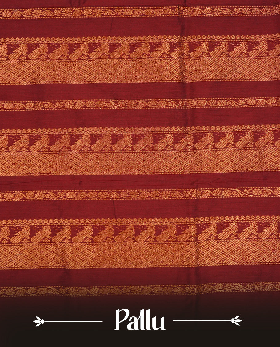 Green colour Kalyani cotton saree featuring Gold zari check pattern on body, complemented by Contrast Maroon colour with grand gold zari border & pallu, matching blouse piece