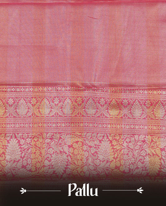 Light green, Orange & Yellow Colour Tissue Saree featuring Multi colour Check Design on body, complemented by contrast Magenta colour with Gold zari border, paired with matching blouse piece.