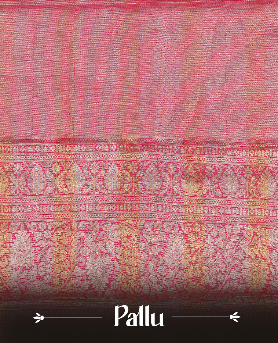 Light green, Orange & Yellow Colour Tissue Saree featuring Multi colour Check Design on body, complemented by contrast Magenta colour with Gold zari border, paired with matching blouse piece.