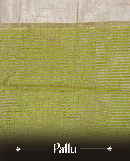 Cream colour Tussar silk saree Featuring Elegant Plain body, complemented by Contrast Light green colour with gold zari border, paired with matching blouse piece.