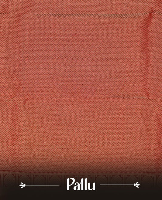 Green colour Traditional Kancheepuram silk saree featuring gold zari motifs on body, enhanced with contrast Red with traditional with Olive piping border, paired with matching blouse piece.