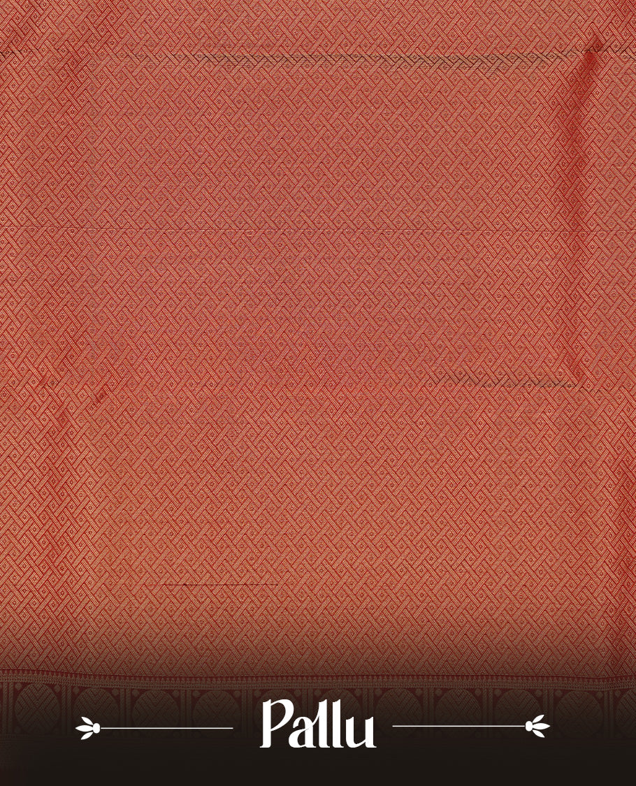 Green colour Traditional Kancheepuram silk saree featuring gold zari motifs on body, enhanced with contrast Red with traditional with Olive piping border, paired with matching blouse piece.