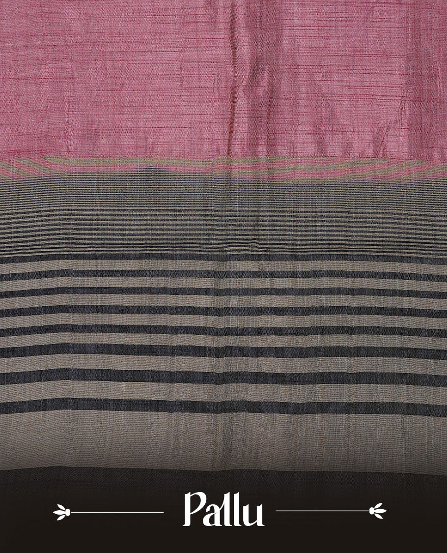 Mauve colour Tussar saree featuring Gold zari buttas on body, complemented by contrast Black & olive Colour with Gold zari border, comes with matching blouse piece.