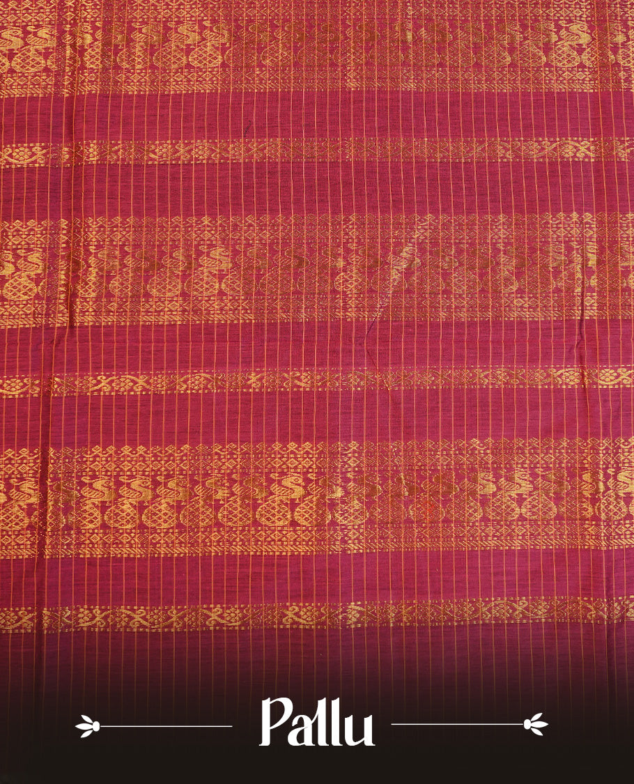 Navy Blue colour Kalyani cotton saree featuring Gold zari check pattern on body, complemented by Contrast Purple colour with grand gold zari border & pallu, matching blouse piece
