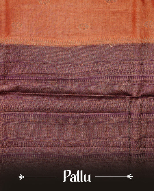 Orange colour Pure Banaras Tussar silk saree Featuring Gold zari buttas on body, complemented by Contrast Burgundy colour with zari border, paired with matching blouse piece.