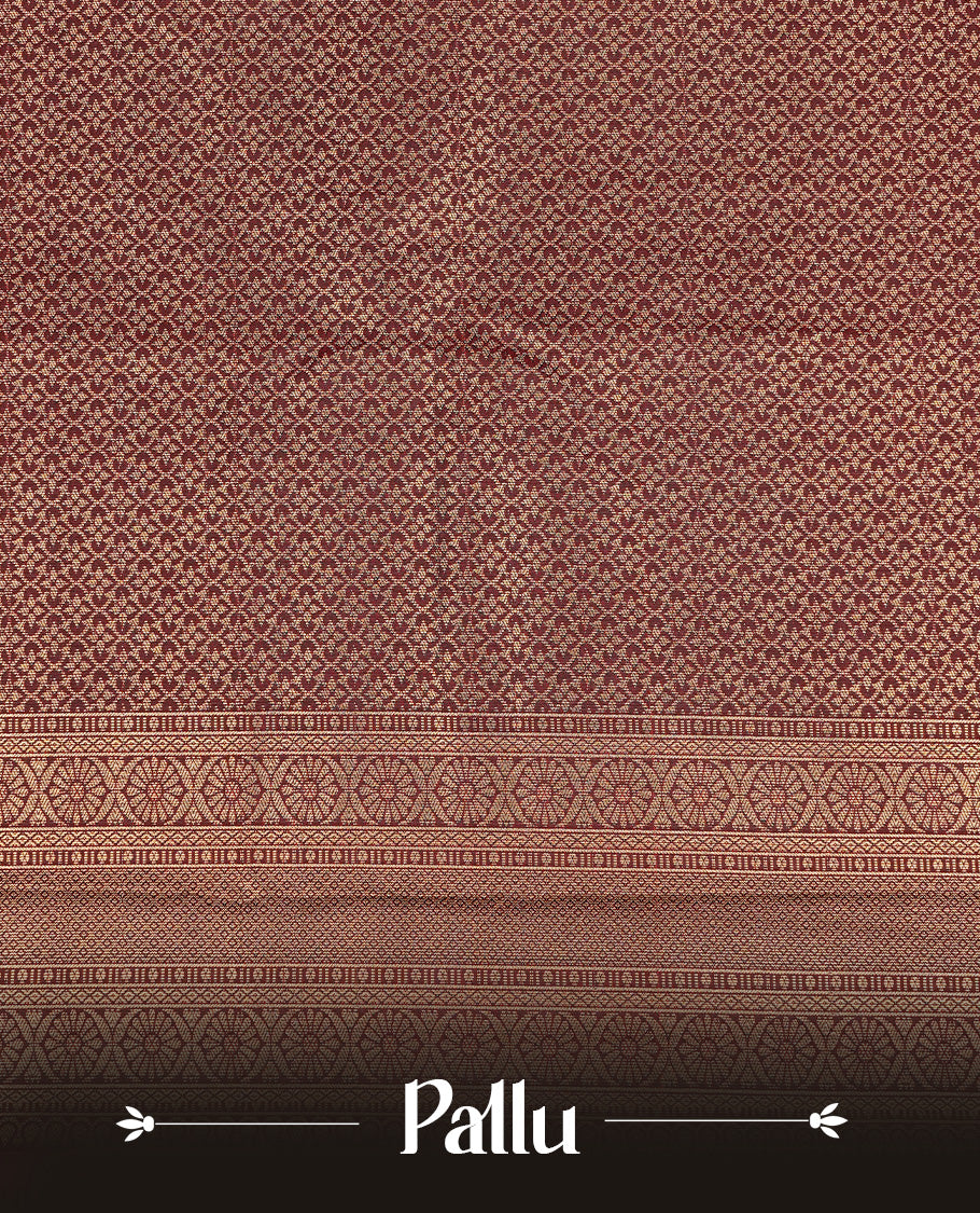 Chocolate Brown Colour Wedding Silk Saree Featuring Gold zari pattern on body, complemented by Gold Zari Strip pattern on self colour border, paired with matching blouse piece.