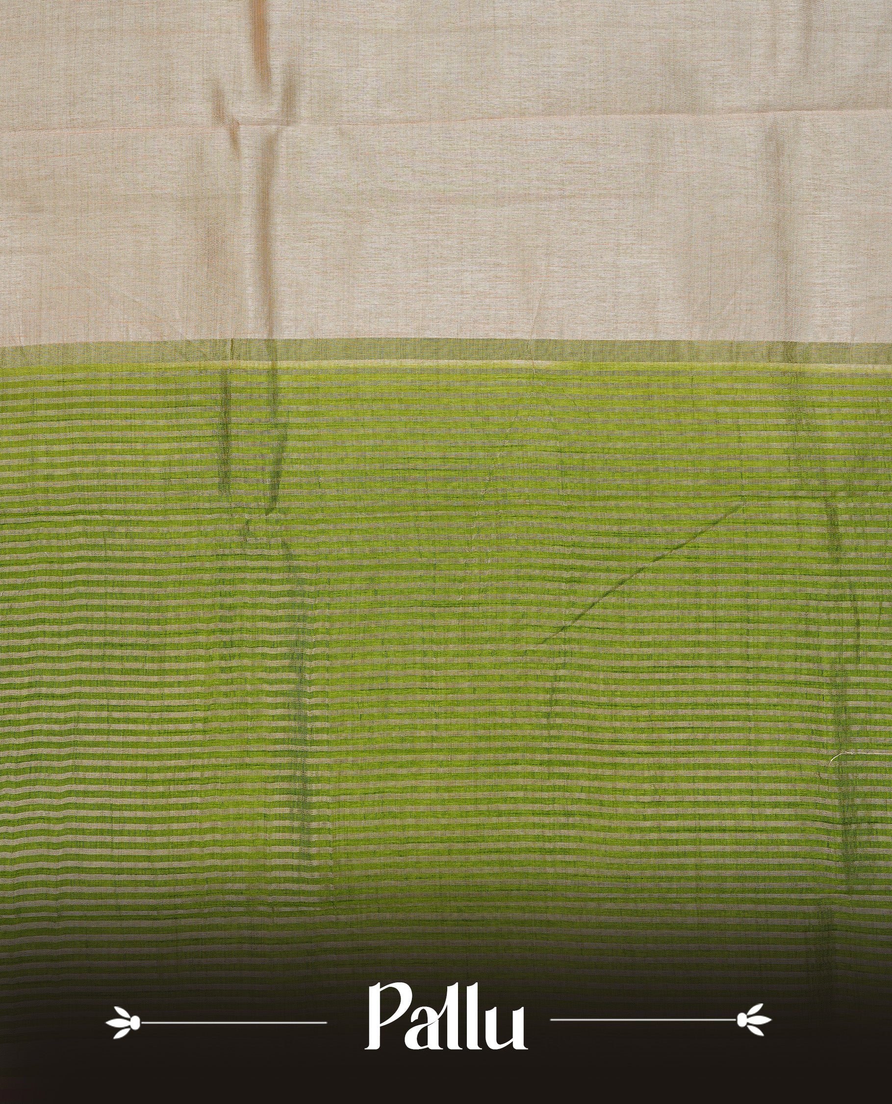 Cream colour Semi Tussar silk saree featuring an elegant plain body, accentuated by a contrast olive border adorned with intricate gold zari work, paired with a matching blouse piece.