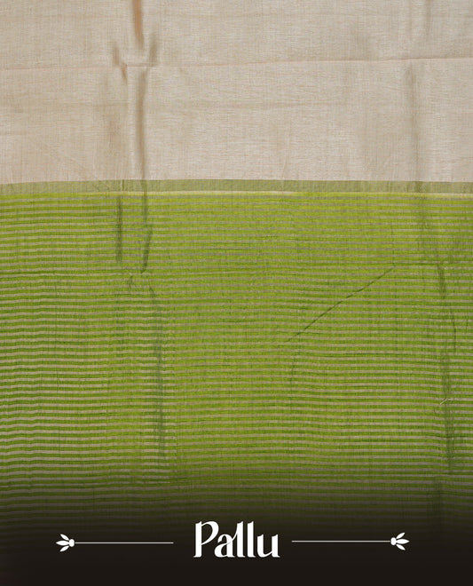 Cream colour Semi Tussar silk saree featuring an elegant plain body, accentuated by a contrast olive border adorned with intricate gold zari work, paired with a matching blouse piece.