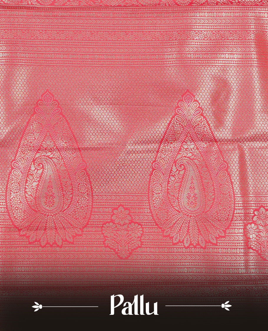 Pink Red colour semi wedding silk saree featuring Gold zari pattern on body, complemented Silver Elephant motifs & gold zari border, paired with matching blouse piece.