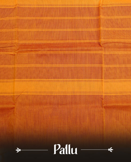 Burnt orange colour Chettinad cotton saree featuring Elegant palin body, complemented by contrast red colour With gold zari border, paired with matching blouse piece.