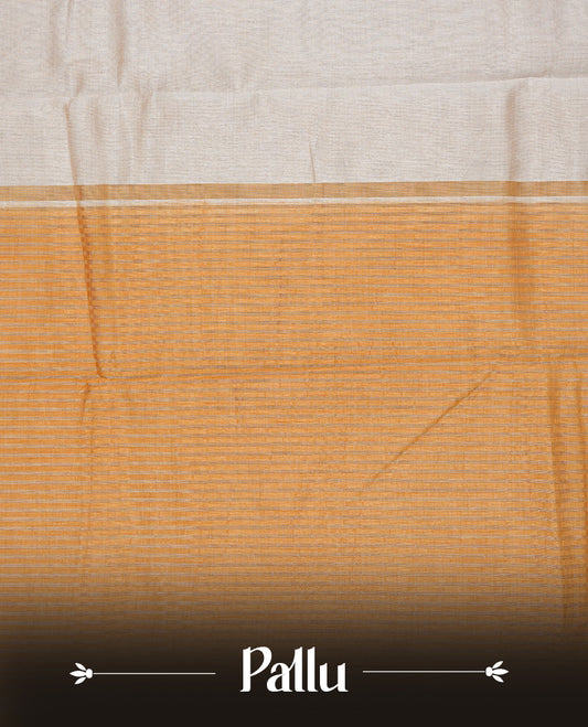 Cream colour Semi Tussar silk saree featuring an elegant plain body, accentuated by a contrast Mustard border adorned with intricate gold zigzag zari work, paired with a matching blouse piece.