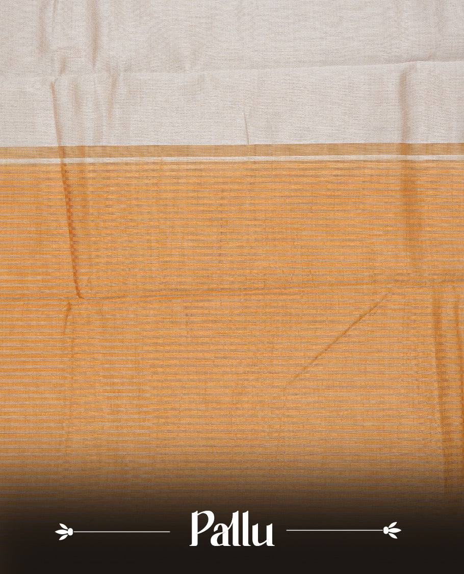 Cream colour Semi Tussar silk saree featuring an elegant plain body, accentuated by a contrast Mustard border adorned with intricate gold zigzag zari work, paired with a matching blouse piece.