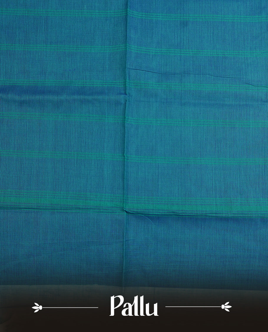 Peacock colour chettinad cotton saree featuring  Gold Zari Check Pattern  on body, complemented by Contrast Ink Blue Colour With Gold Zari border, paired with matching blouse piece.