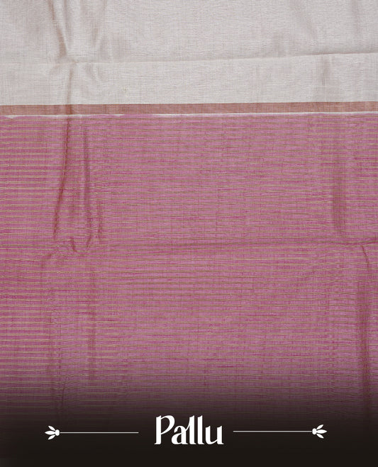 White cream colour Semi Tussar silk saree featuring an elegant plain body, accentuated by a contrast Mauve border adorned with intricate gold zigzag zari work, paired with a matching blouse piece.