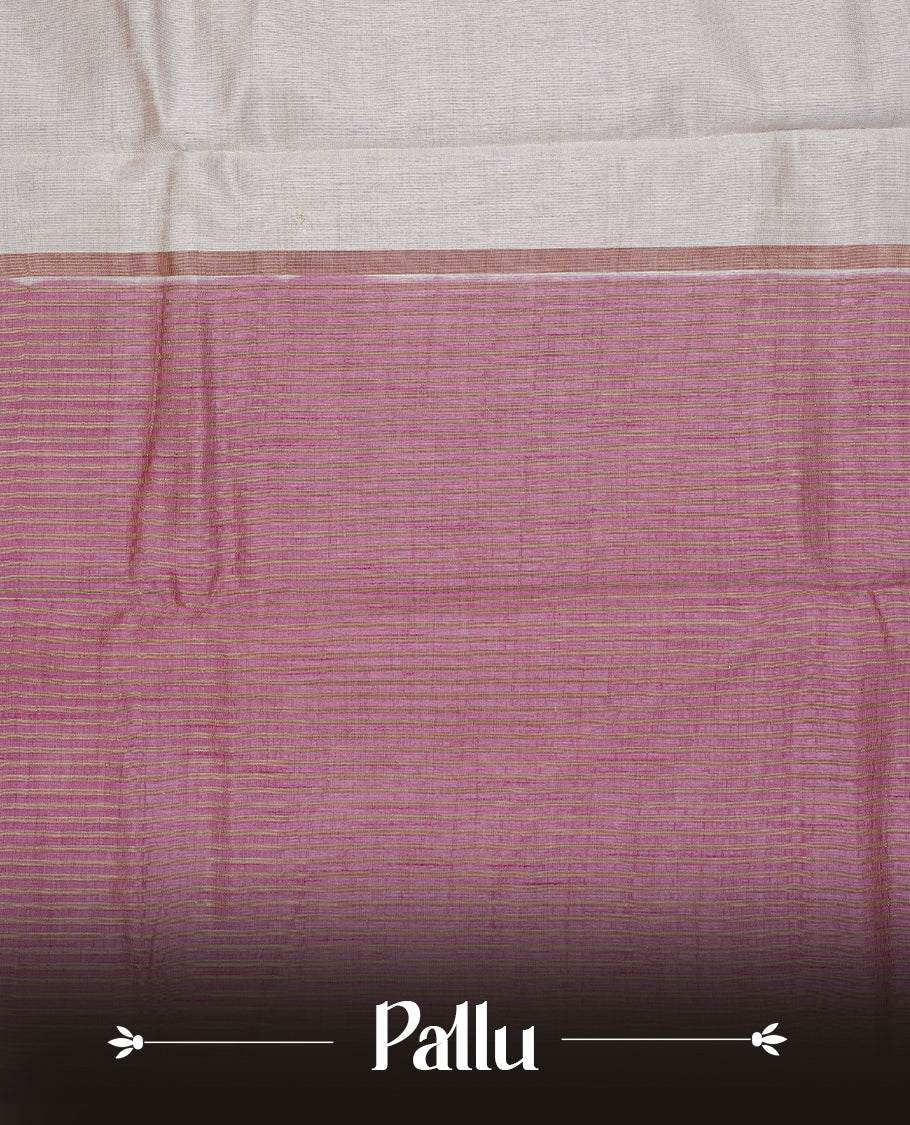 White cream colour Semi Tussar silk saree featuring an elegant plain body, accentuated by a contrast Mauve border adorned with intricate gold zigzag zari work, paired with a matching blouse piece.