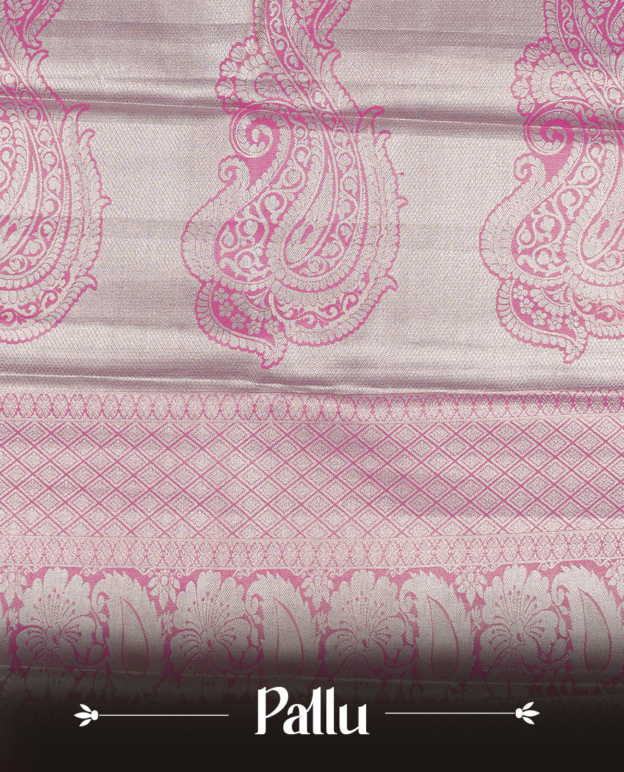 Blue & Silver double shade tissue silk saree Featuring Pink & Silver zari floral pattern on body, complemented by contrast Pink colour with traditional border, paired with matching blouse piece.