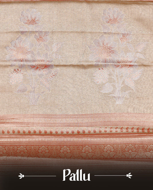 Light orange colour Tissue saree Featuring orange, Gold, silver zari Scales design on body, complemented by traditional border on self colour, paired with matching blouse piece.