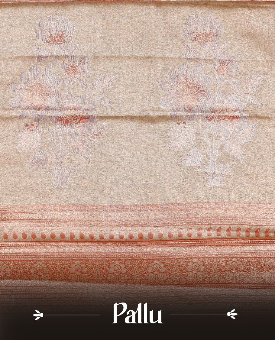 Light orange colour Tissue saree Featuring orange, Gold, silver zari Scales design on body, complemented by traditional border on self colour, paired with matching blouse piece.