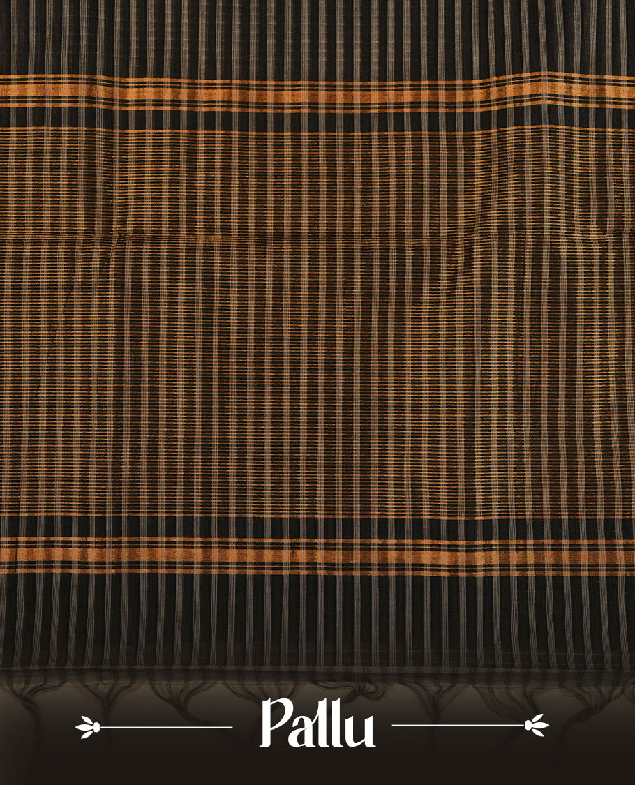 Grey  Colour Mangalagiri cotton saree featuring elegant Black stripes Across The Body , a Two Inch Gold  zari border & Gold Zari Pallu, Paired With a matching blouse piece.