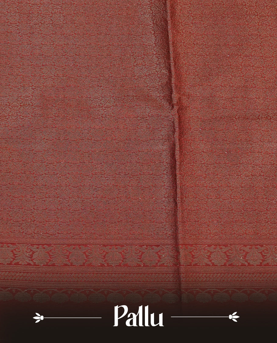 Dark Rust Brown  colour semi linen saree with elegant gold zari Floral motifs across the body, complemented by a contrast colour with grand gold zari pallu and a borderless design, paired with a matching blouse piece.