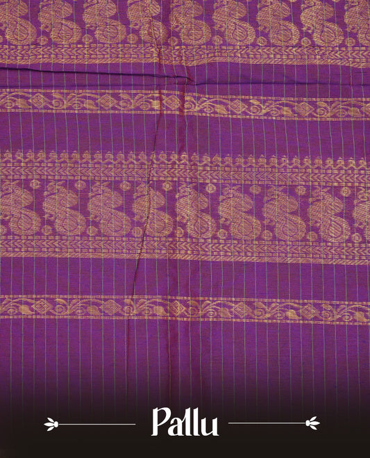 Red colour Kalyani cotton saree featuring Gold zari check pattern on body, complemented by Contrast Purple colour with grand gold zari border & pallu, matching blouse piece