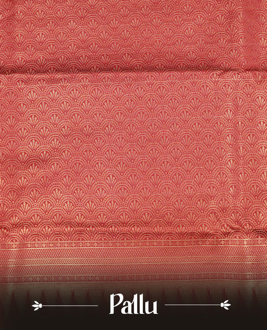 Maroon colour semi wedding silk saree featuring gold zari zigzag pattern on body, enhanced with self colour with traditional border, paired with matching blouse piece.