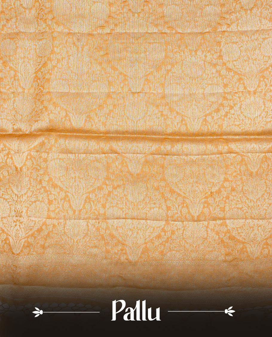Mustard colour Pure tusser silk saree featuring Gold Zari floral Kodi Work On Body , A Plain  border & Grand  pallu Paired With  a matching blouse piece..