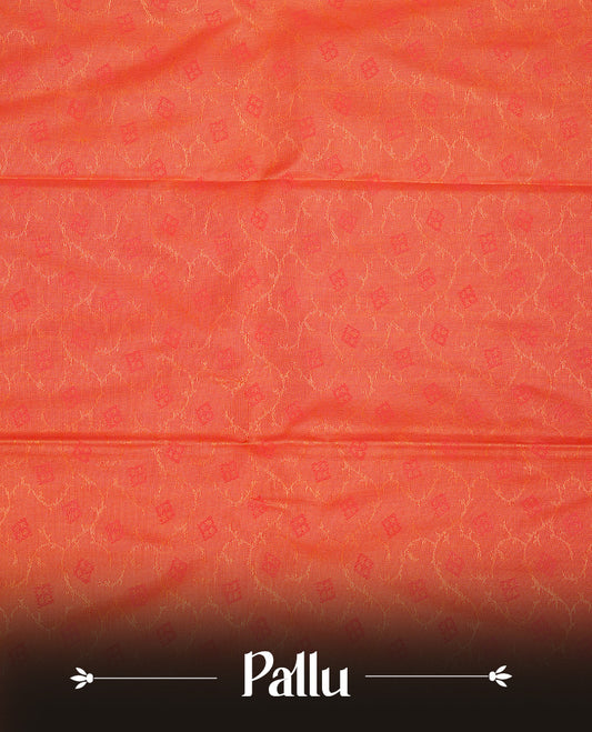 Mustard colour Semi silk saree Featuring self colour zari motifs on body, complemented by contrast Orange colour with gold zari border, paired with matching blouse piece.