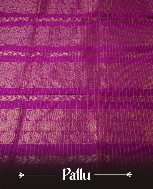 Purple colour Kalyani cotton saree featuring Gold zari checks on body, enhanced with zari border and grand zari pallu, comes with self colour blouse piece.