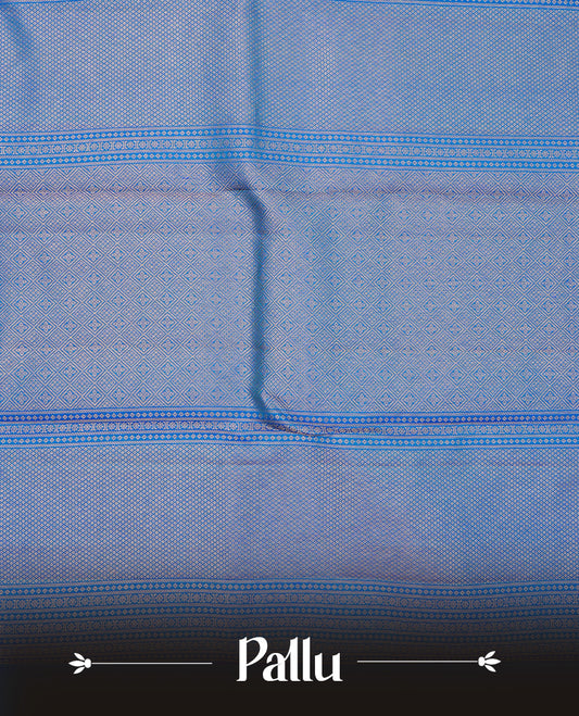 Blue colour Pure wedding silk saree featuring gold zari Check with designed pattern on body, complemented by self colour with traditional border, comes with a matching blouse piece.