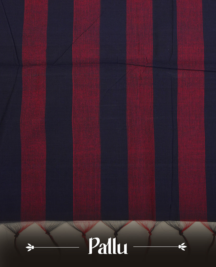 Navy Blue and Pink checked Mangalagiri cotton saree Featuring Self Coloured Border ,With Striped  pallu, Paired With A matching blouse piece.