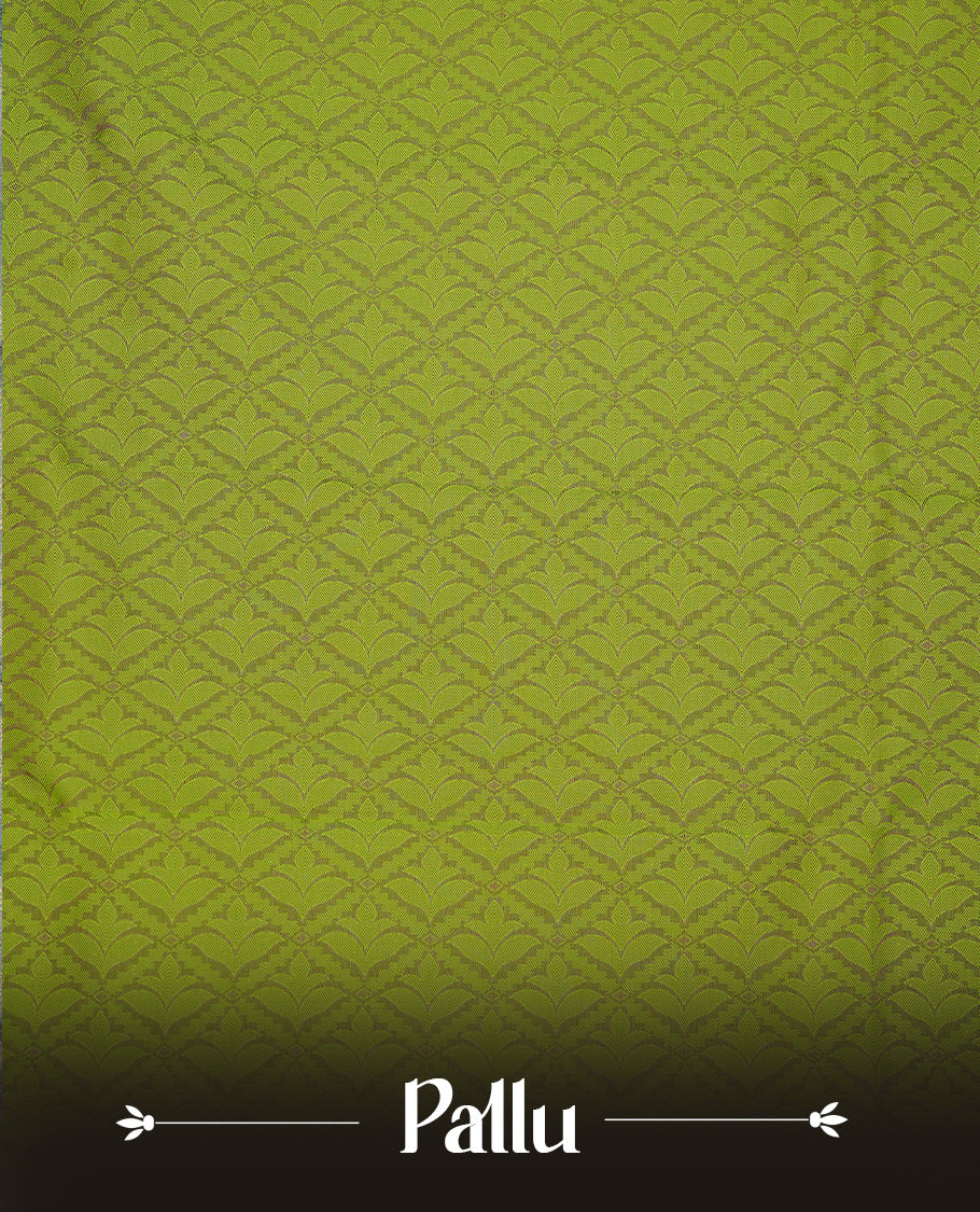 Pastel Green colour Semi silk saree Featuring selfcolour zari pattern on body, complemented by contrast Dusty purple colour with gold zari border, paired with matching blouse piece.