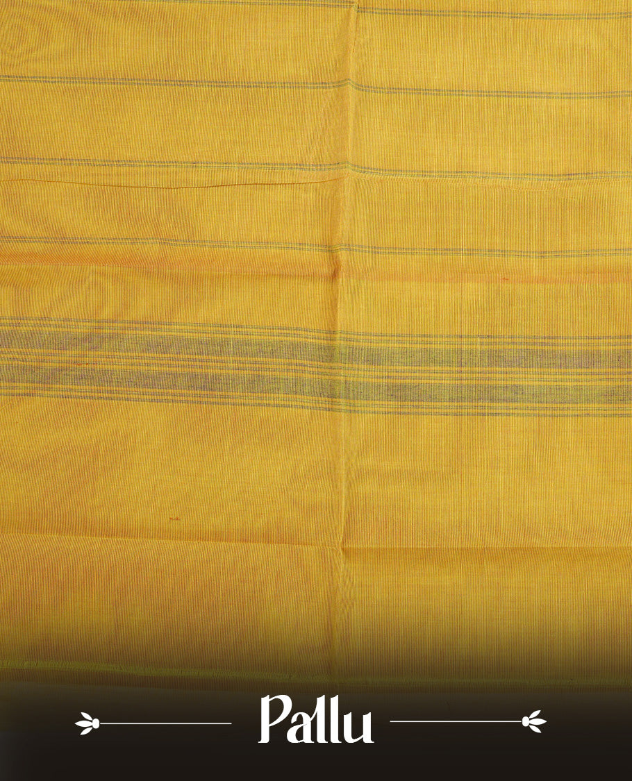 Deep Yellow colour chettinad cotton saree featuring   Plain  body, complemented by Contrast Purple  Colour With Gold Zari border, paired with matching blouse piece.
