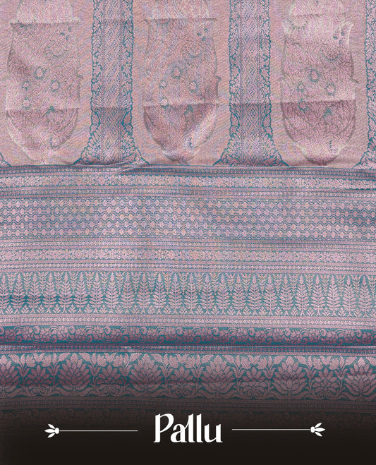 Rose Gold colour Tissue silk saree featuring Green colour floral zari motifs on body, complemented by contrast Light purple zari border, paired with matching blouse piece.