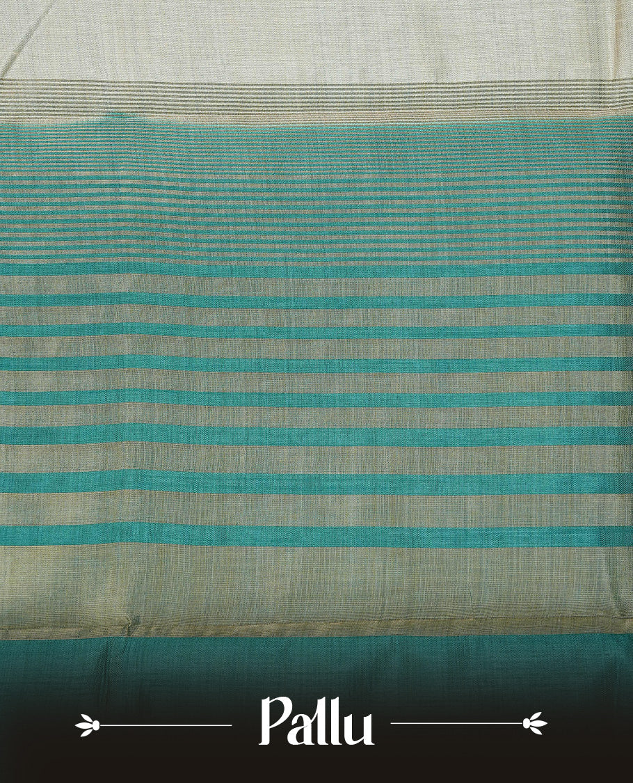 Light gold Colour Tussar saree featuring elegant plain body, complemented by contrast Teal colour with zari work border, comes with matching blouse piece.