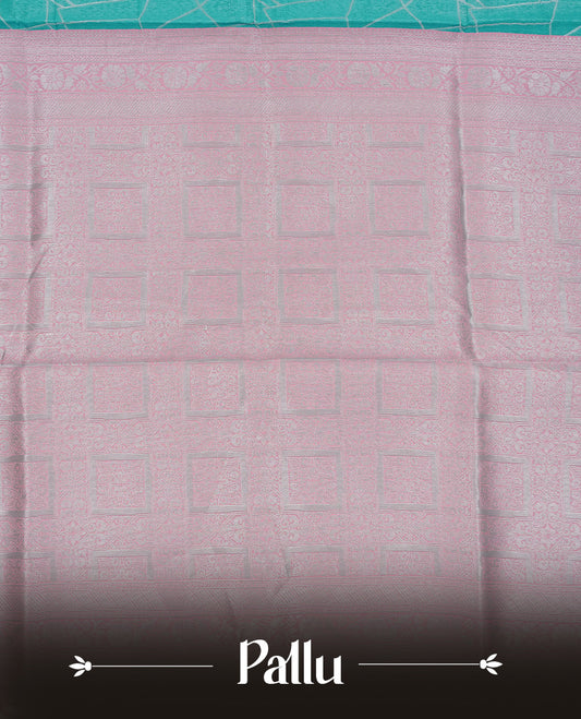 Aqua colour semi silk saree featuring Silver zari Geometric pattern on body, complemented by contrast peach colour with silver zari border, comes with matching blouse piece.