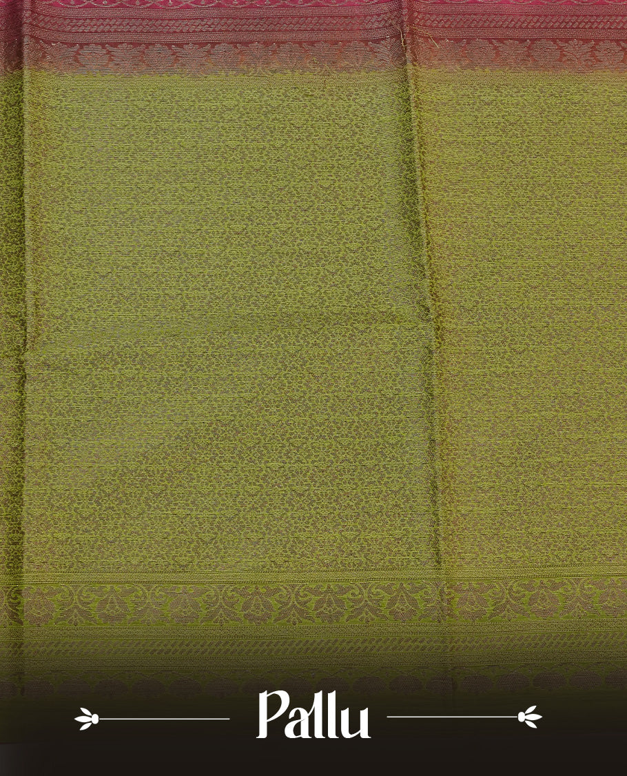 Maroon colour semi linen saree with elegant gold zari floral motifs across the body, complemented by a contrast green colour with grand gold zari pallu and a borderless design, paired with a matching blouse piece.
