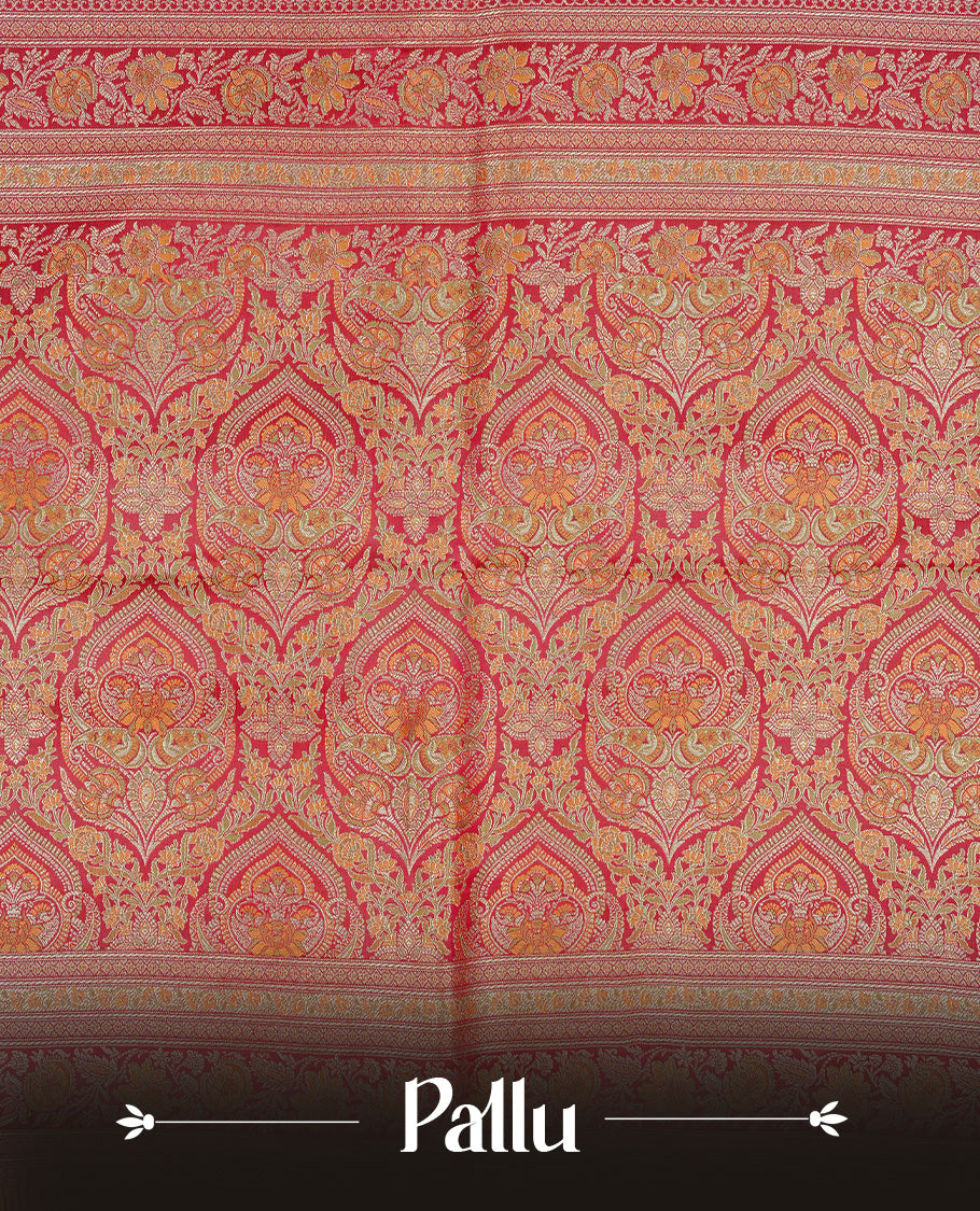 Maroon colour Mulberry silk saree featuring gold zari Mango & floral kodi pattern across body, complemented by self colour border with gold zari work, comes with matching blouse piece.