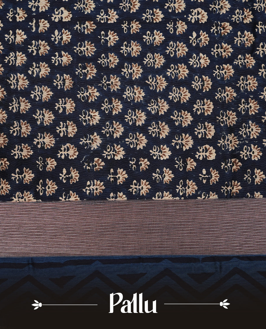 Dark Teal Colour Chanderi Silk Saree Featuring Floral Print On Body, Complemented by Self Colour with Antique Zari Border, Paired With Matching blouse Piece.
