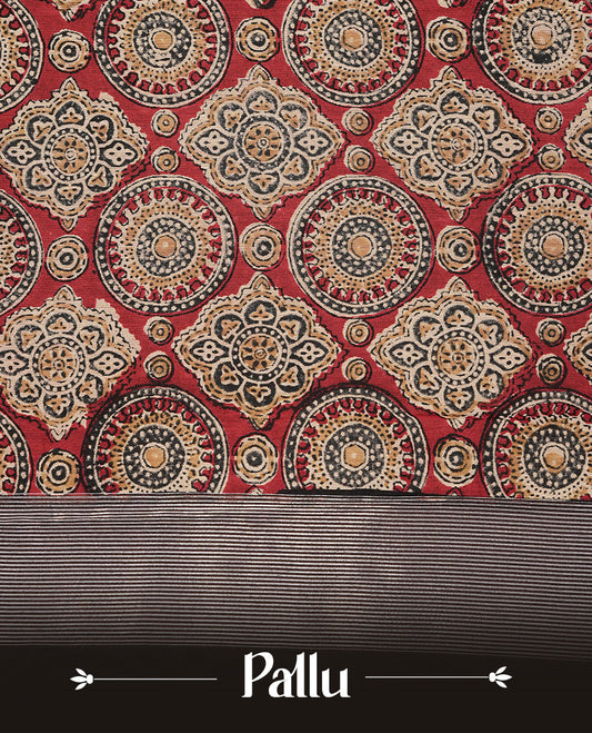 Red colour Chanderi silk saree featuring Print on body, complemented by Black colour with Antique zari border, paired with matching blouse piece.