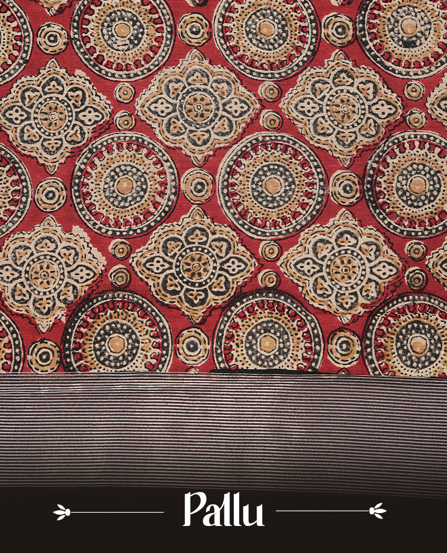 Red colour Chanderi silk saree featuring Print on body, complemented by Black colour with Antique zari border, paired with matching blouse piece.