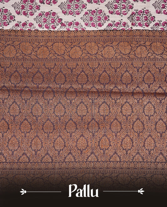 Beige Colour Chanderi silk saree featuring Block print on body, complemented by Contrast Dark Maroon colour with Antique zari border, paired with matching blouse piece.