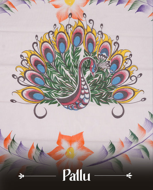 Light pink colour Semi silk saree Featuring Peacock Feather print on body, complemented by Self colour with gold zari border, paired with matching blouse piece.