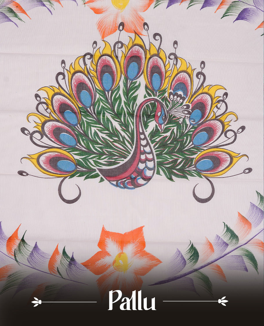 Light pink colour Semi silk saree Featuring Peacock Feather print on body, complemented by Self colour with gold zari border, paired with matching blouse piece.